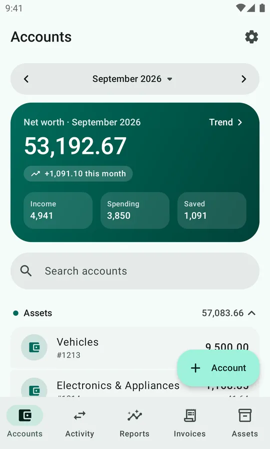 The Accounts screen: net worth of 53,192.67 for September 2026, with income, spending and saved for the month.