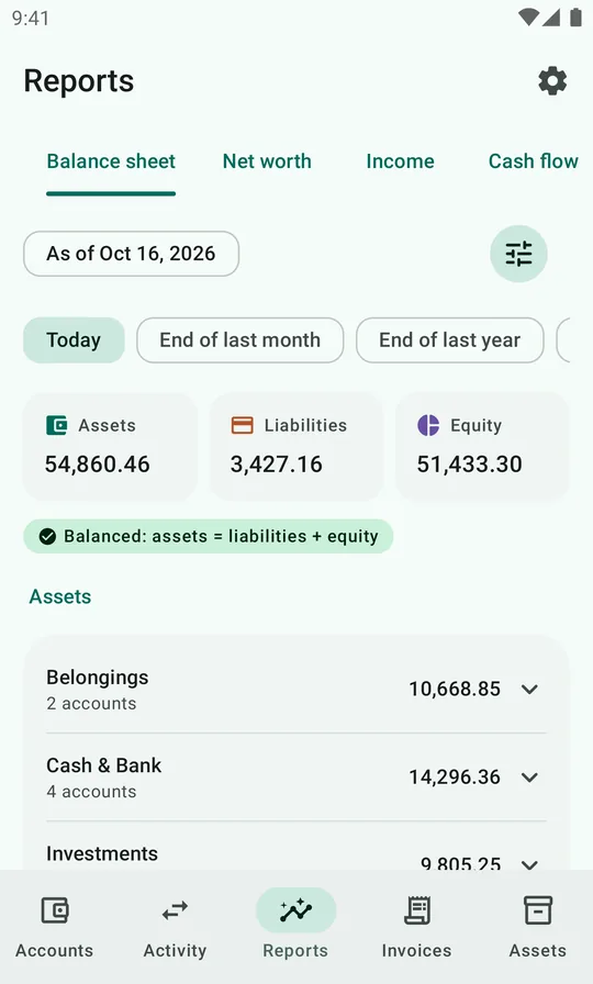 The balance sheet: assets 54,860.46, liabilities 3,427.16 and equity 51,433.30, marked Balanced.