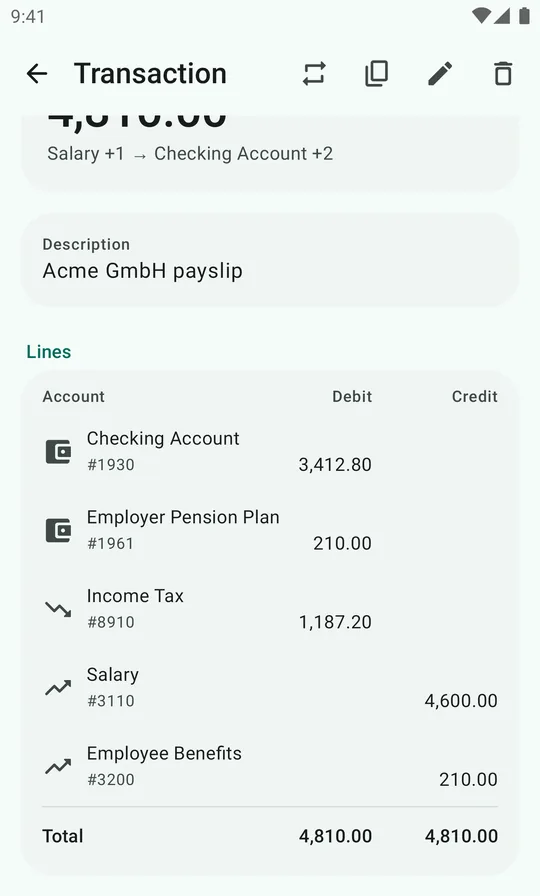 The salary transaction in the app with its five debit and credit lines, totalling 4,810.00 on each side.
